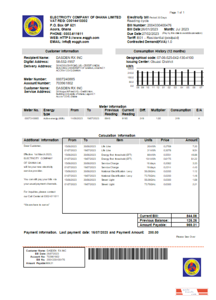 Electricity Company of Ghana Ltd utility business bill,SCR PSD template